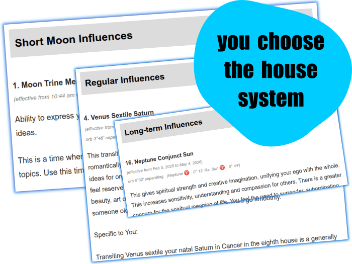 Sample of the daily astrology transits report sections including Short Moon Influences, Regular and Long-term Influences, with house system note