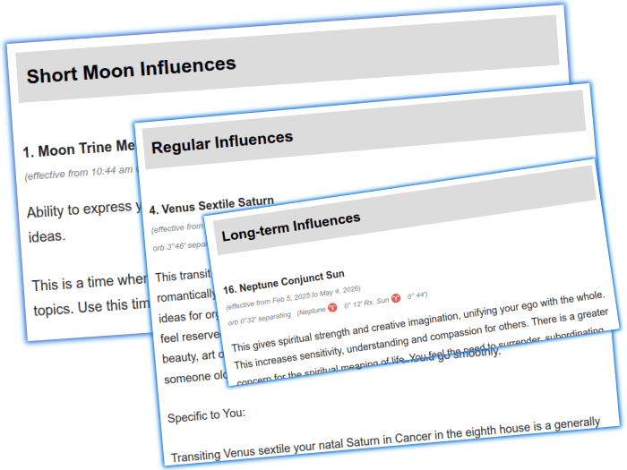 Sample of the daily astrology transits report sections including Short Moon Influences, Regular and Long-term Influences
