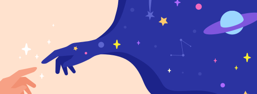 Illustration of a natal chart reading showing a personified sky forming a hand, reaching down to give life to a human hand