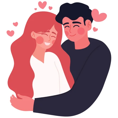 Illustration of astrology compatibility: a compatible couple, smiling and surrounded by hearts.