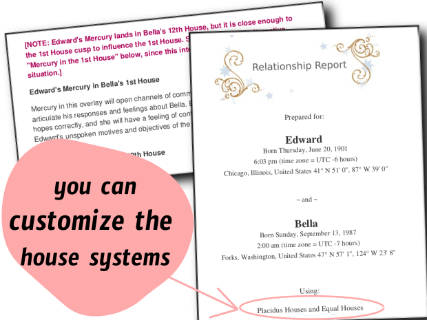 Screenshot of the Relationship Report showing cover page, description of planets in partners chart houses, and 'you can customize the house systems' text