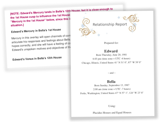 Screenshot of the Relationship Report showing cover page and a description of planets in partners chart houses