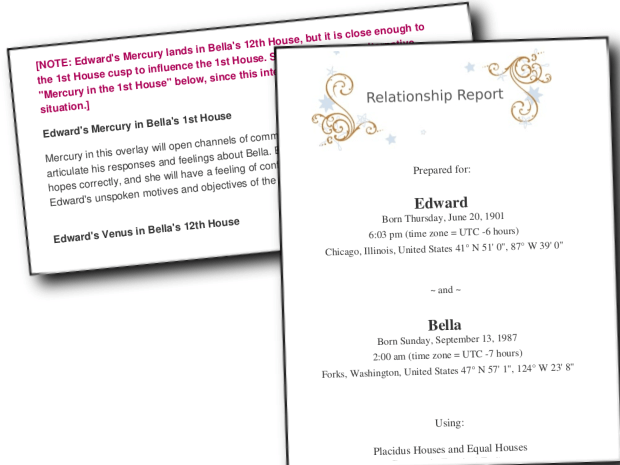 Screenshot of the Relationship Report showing cover page and a description of planets in partners chart houses
