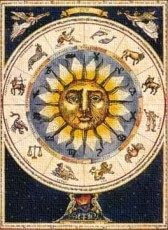 Zodiac signs wheel with sun in center. Ancient astrology art.