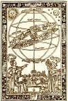 astrology zodiac signs in 3d, around earth, woodcut