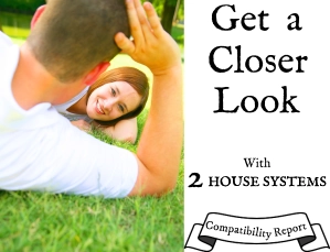 A partner framing the face of smiling partner, outdoors on green grass, with the words Get a closer look with 2 House Systems Compatibility Report