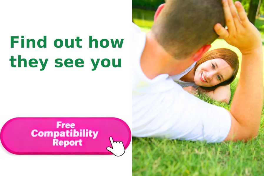 Smiling woman on the grass with face framed by partner's hands, with the text Find out how they see you, and a button for Free Compatibility Report