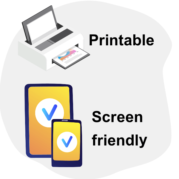 Printable and screen friendly text with printer, phone, and tablet icons.