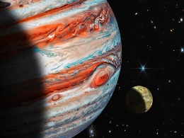 Jupiter planet and Io moon in the solar system. Elements of this image furnished by NASA. 3D rendering