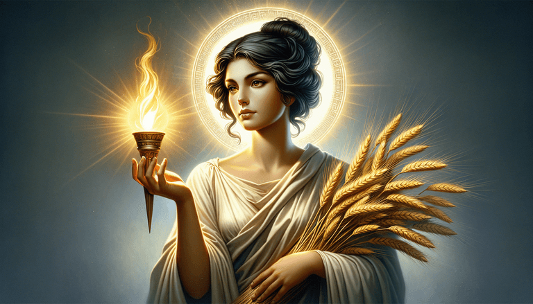 A Greek goddess mix of Astraea and Demeter holding both a torch and wheat.