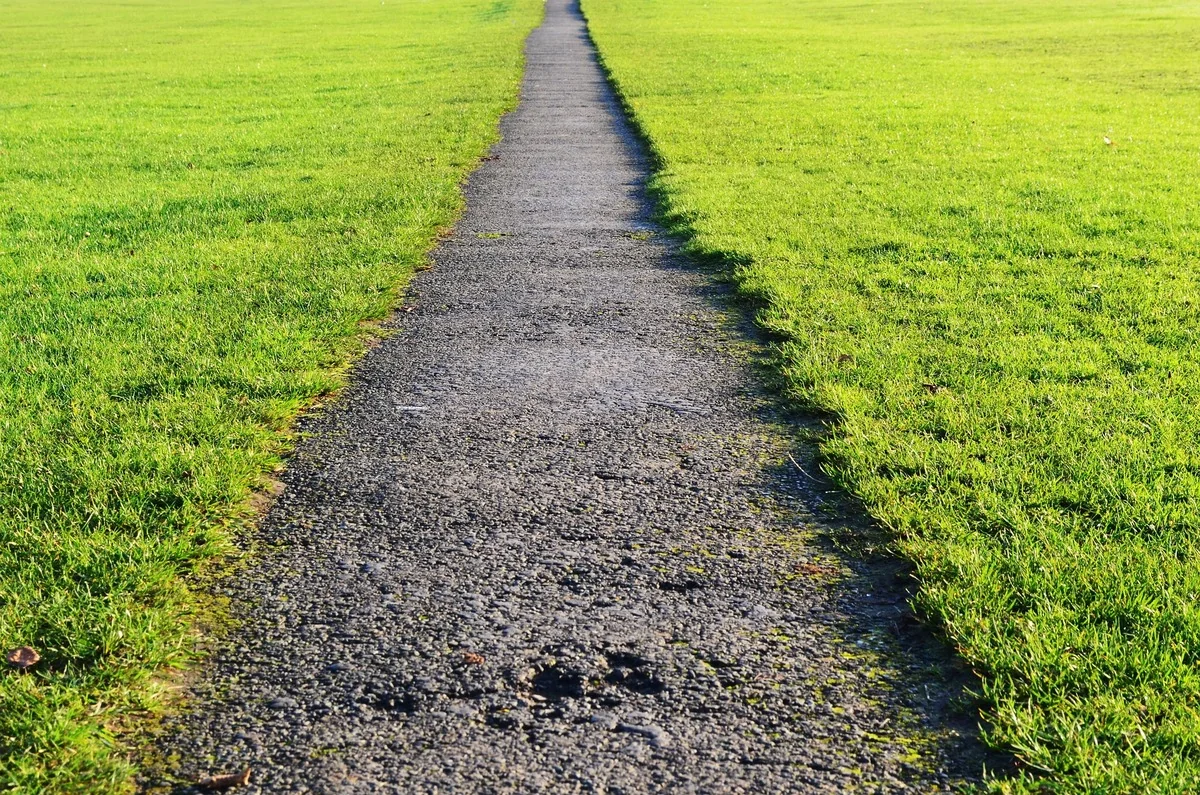 A paved path going straight through the grass.