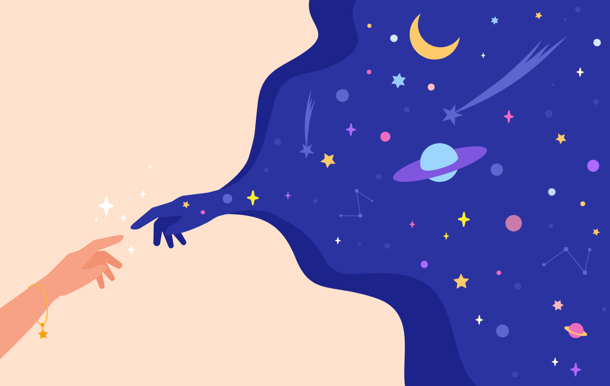 Birth chart calculator illustration showing astrology personality with the sky's hand reaching out to touch a person's hand.