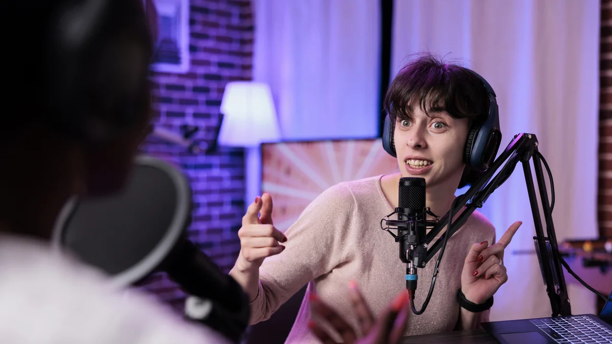 Woman doing a podcast interview