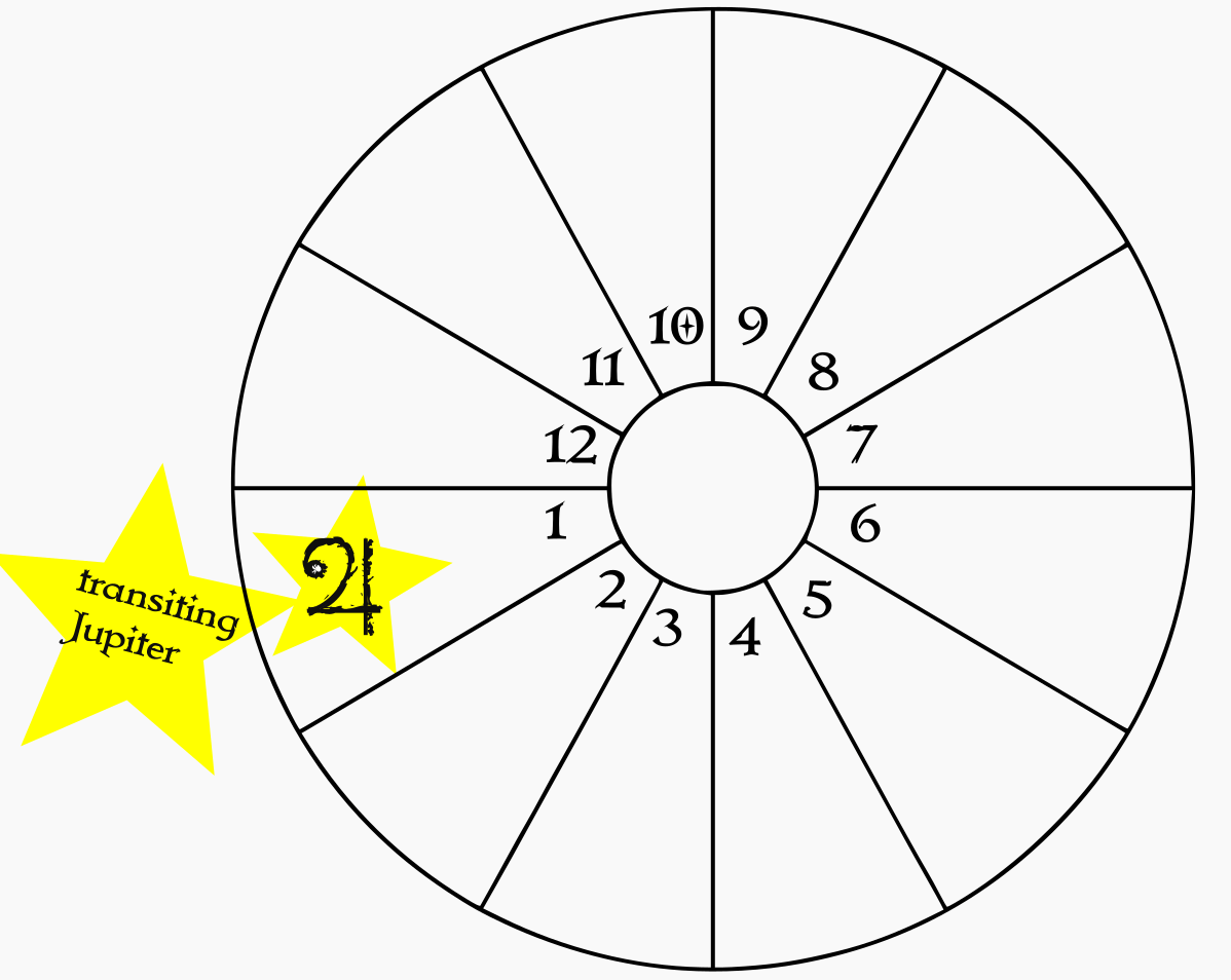 A blank birth chart wheel showing transiting Jupiter in the natal 1st house