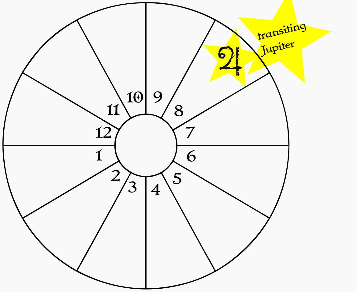 A blank birth chart wheel showing transiting Jupiter in the natal 8th house