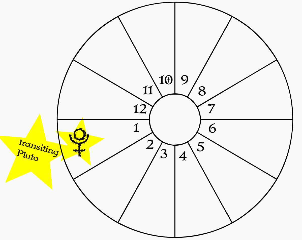 A blank birth chart wheel showing transiting Pluto in the natal 1st house