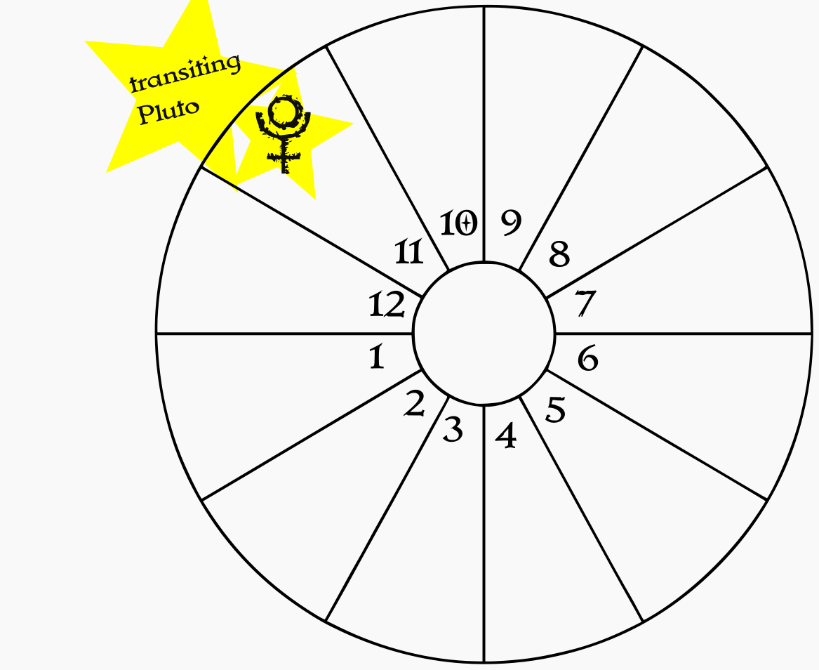 A blank birth chart wheel showing transiting Pluto in the natal 11th house