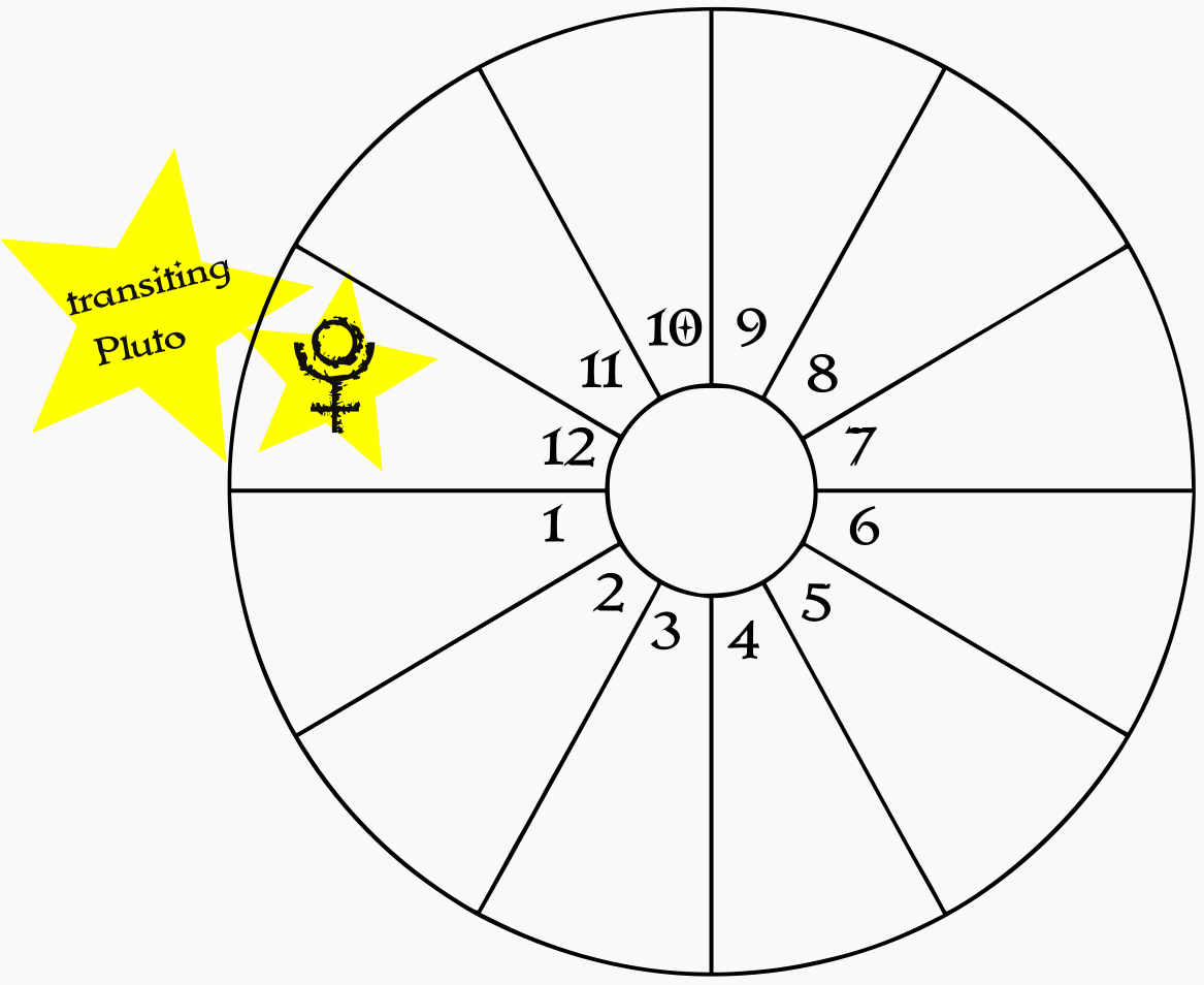 A blank birth chart wheel showing transiting Pluto in the natal 12th house