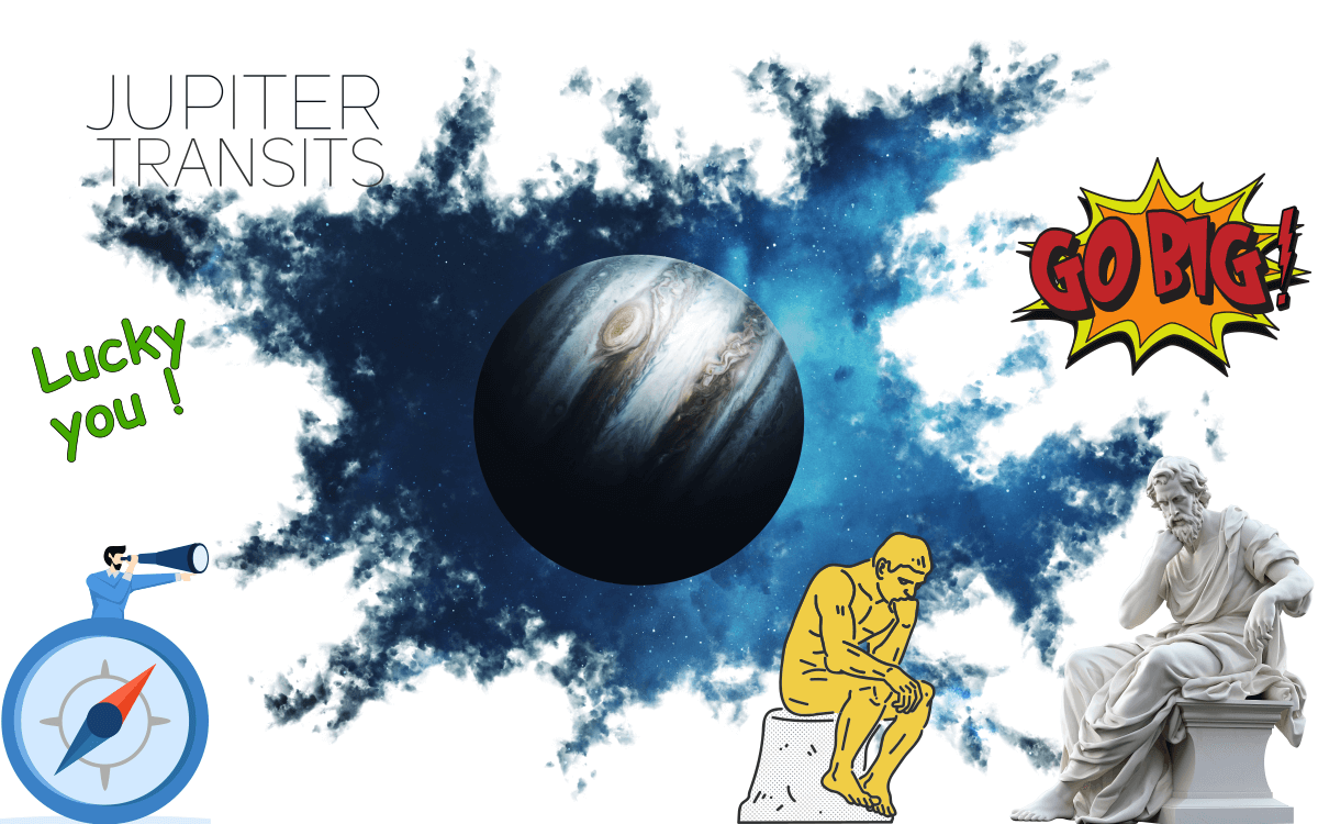 Jupiter in outer space labeled "Jupiter Transits", surrounded by philosophers, an explorer, the words "Lucky you" and "Go Big!"