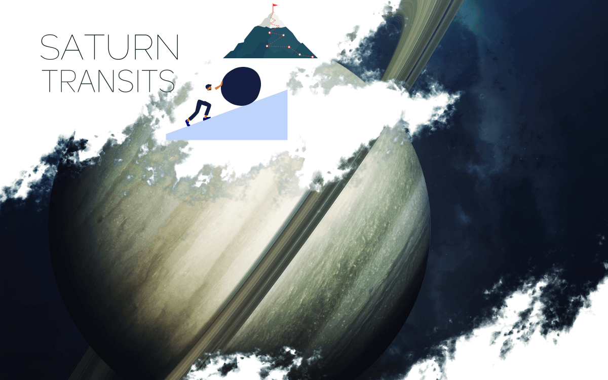 Saturn in outer space labeled "Saturn Transits", surrounded by a person pushing a boulder uphill and a mountain with a flag at the top.