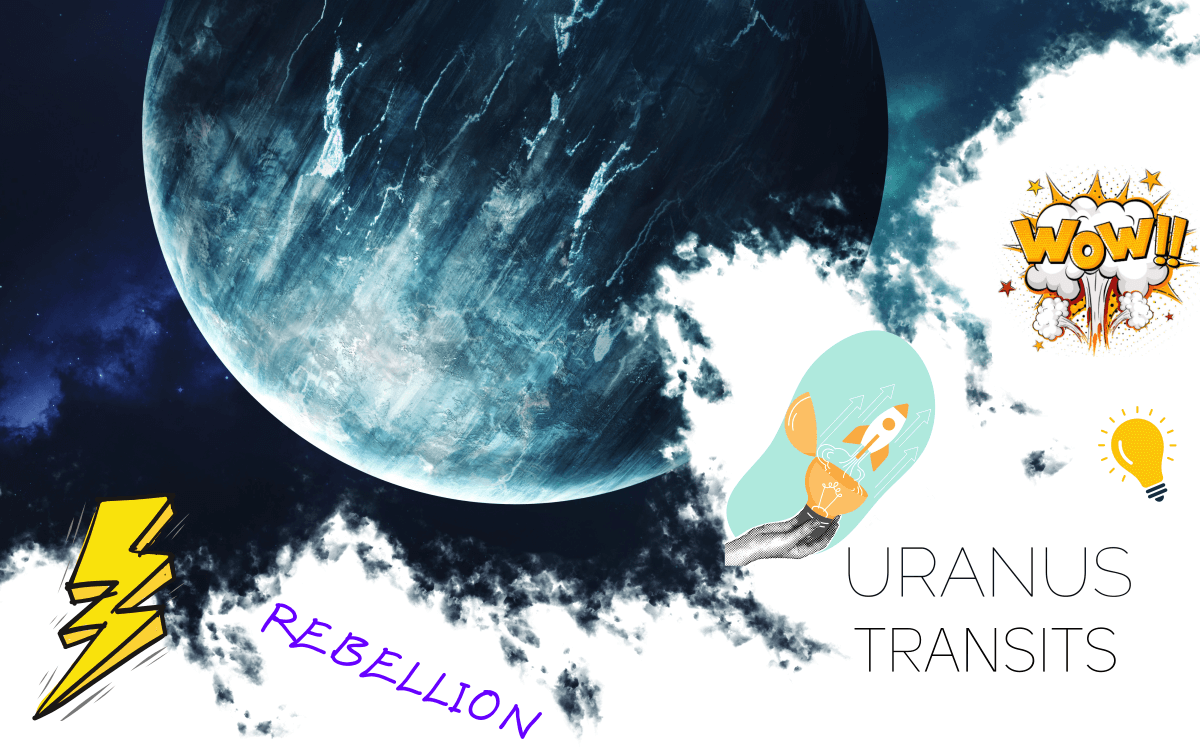 Uranus in outer space labeled "Uranus Transits", surrounded by a lightning bolt, a rocket flying out of a lightbulb, and the words "Rebellion" and "wow!"