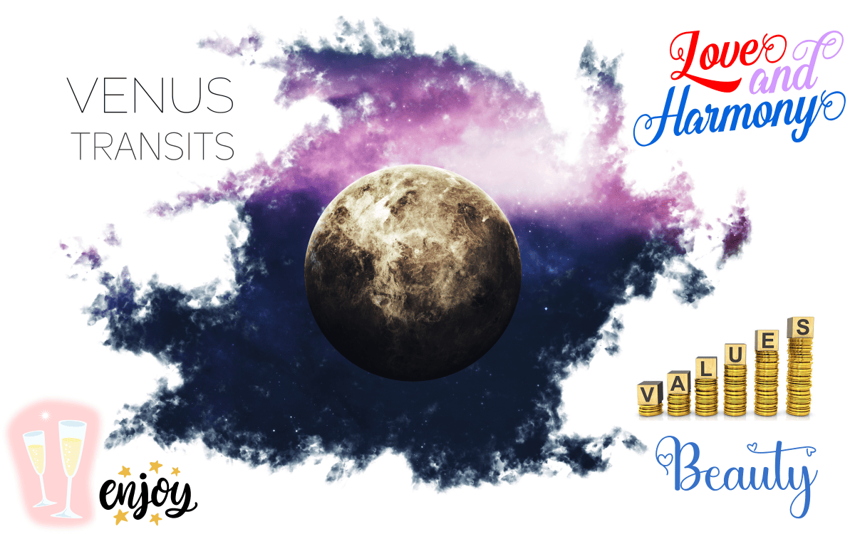 Venus in outer space labeled "Venus Transits", surrounded by drinks and "enjoy", the phrase "Love and Harmony", coins marked "Values", and "Beauty" with hearts.