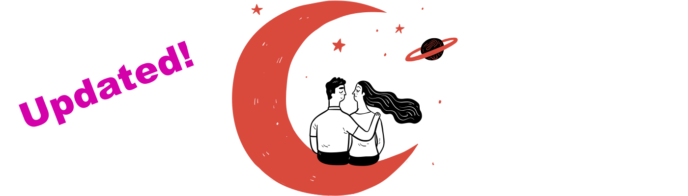 Illustration of the word Updated next to a couple sitting on the moon surrounded by stars and a planet