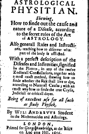 Title page of the book The Astrological Physician by William Andrews, 1656, showing the original spelling Physitian