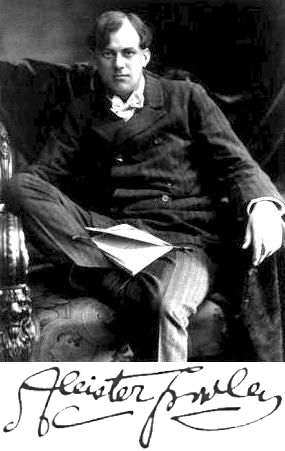 Photo of Aleister Crowley with his own signature; author of A Treatise on Astrology Liber 536