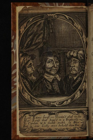 Photo of inside cover of William Lilly's book, Anima Astrologiae, with Cardan and Guido, with a poem: Let Envy burst-Urania's glad to see Her Sons thus Joyn'd in a Triplicity To Cardan & to Guido much is Due But in one Lilly we behold them Two