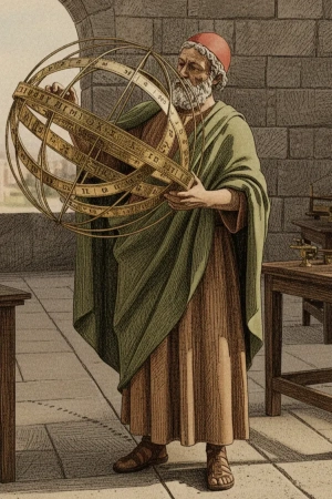 A realistic artistic portrait of the ancient astronomer Ptolemy holding a Zodiacal Armillary Sphere, an ancient astronomical instrument which consists of several interlocking rings engraved with ancient Greek characters. He is standing in in a stone observatory.