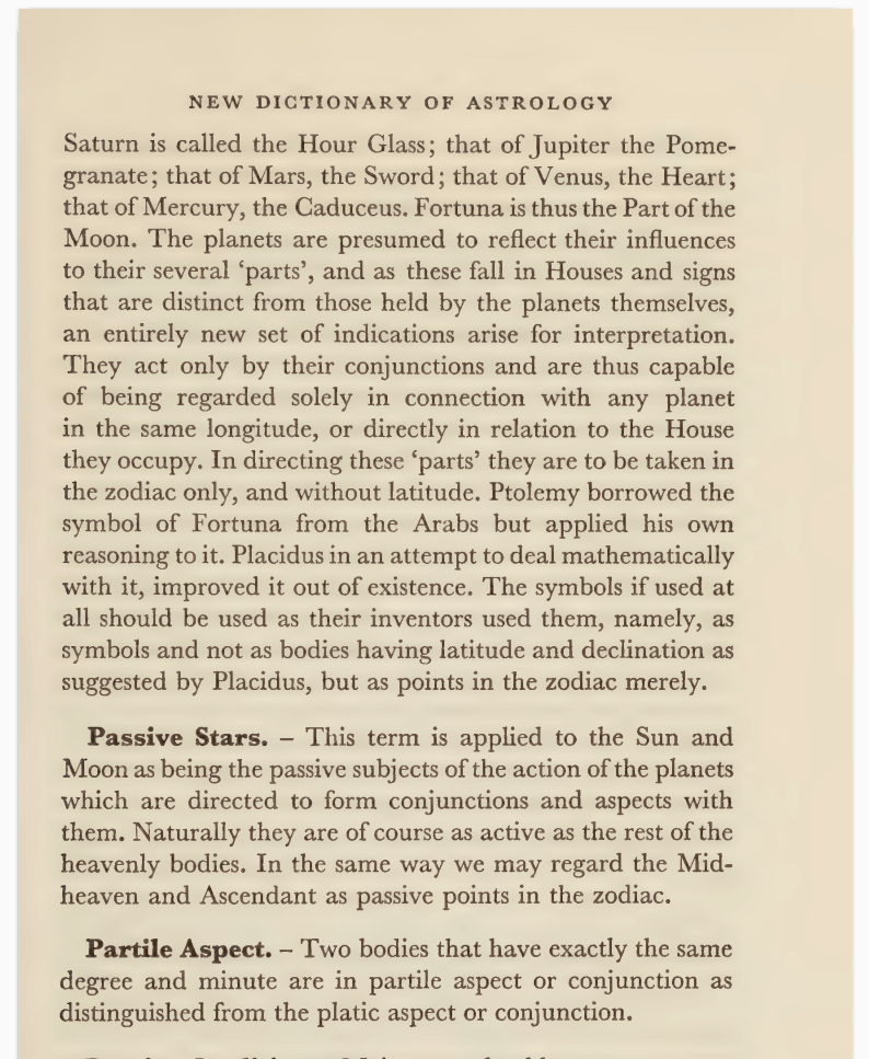 Scanned image of New Dictionary of Astrology by Sepharial, 1963, page 83, showing the definitions of the terms Partile Aspect and Passive Stars.
