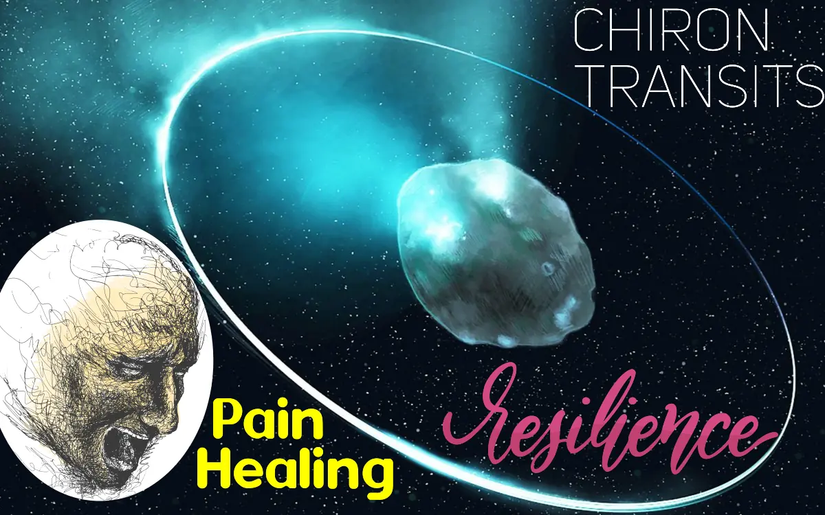Chiron in outer space labeled "Chiron Transits", surrounded by the words Pain, Healing, and resilience, and a sketch of a face in pain, symbolizing the experience of Chiron transits to your natal chart.