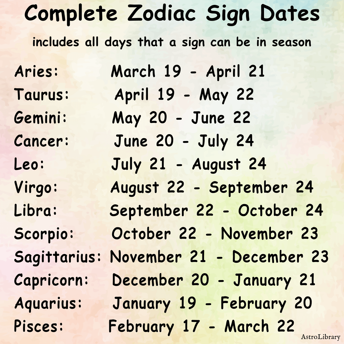 Complete Zodiac Sign Dates with a list of the 12 zodiac signs and the start and end dates for the 12 zodiac seasons, including all possible days for a sign.