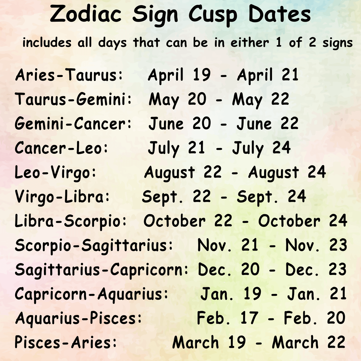 List of Zodiac Sign Cusp Dates for all zodiac sign cusps, that includes all dates that can be in either one of two signs, from Aries-Taurus cusp through Pisces-Aries cusp.
