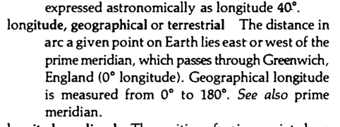 Original scan of the definition for geographical longitude, terrestrial longitude