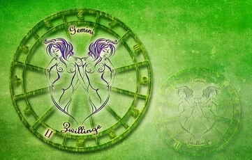 Gemini twins in center of zodiac signs wheel