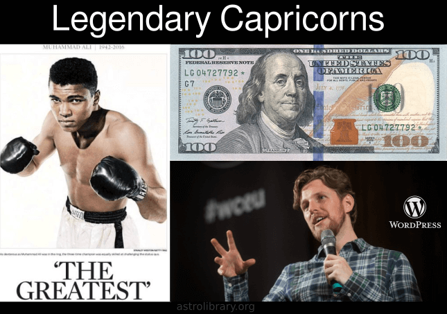 Legendary Capricorns meme of Muhammad Ali, Ben Franklin, and Matt Mullenweg.